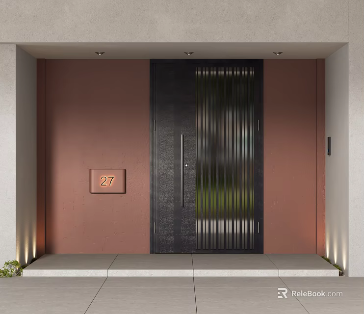 Modern Black Front Door With Vertical Metal Slats Brown Wall And House Number 27 3d model 
