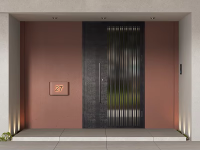 Modern Black Front Door With Vertical Metal Slats Brown Wall And House Number 27 3d model