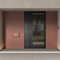 Modern Black Front Door With Vertical Metal Slats Brown Wall And House Number 27