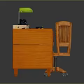 Wooden Office Desk With Green Lamp Papers Black Telephone And Rolling Chair
