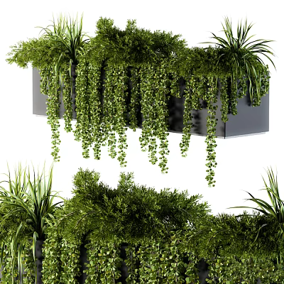 Lush Green Hanging Plants With Various Vines In Decorative Planter Boxes 3d model