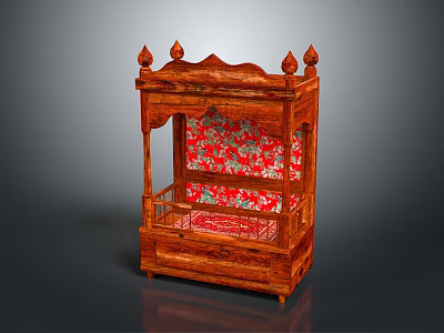 Traditional Chinese Wooden Bed With Carved Design Decorative Spires And Red Floral Fabric 3d model