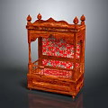 Traditional Chinese Wooden Bed With Carved Design Decorative Spires And Red Floral Fabric