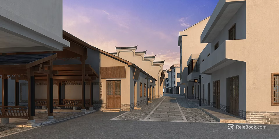 Ancient Architecture Street With Traditional Buildings White Walls And Stone Paved Road 3d model 