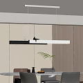 Modern Linear Pendant Light In Minimalist Dining Room With Table Chairs And Green Plant