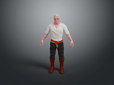 Man with White Hair Wearing White Shirt Brown Belt Black Pants and Red Boots 3d model