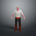 Man with White Hair Wearing White Shirt Brown Belt Black Pants and Red Boots
