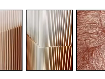 Modern Set of Three Abstract Paintings Featuring Vertical Lines Wavy Patterns and Textured Warm Tones 3d model