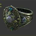 Decorative Ring With Pearl Center And Colorful Gemstones Engraved Metal Band