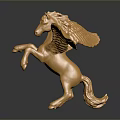 Golden Winged Horse Sculpture in Standing Pose with Dark Background Reflection