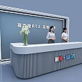 Modern Exhibition Reception Desk With Staff Background Screen HH Win Logo And Flower Vase