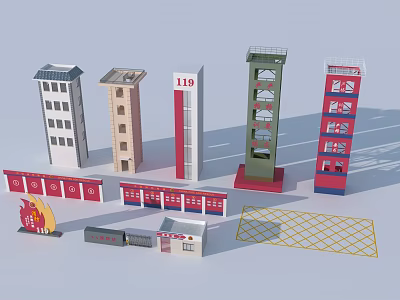 White Beige Red Green Towers Including Fire Training Observation With Red Fences Models 3d model