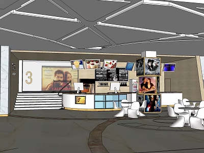 Modern Cinema Lobby With Movie Posters Ticket Counter And Comfortable Lounge Seats 3d model