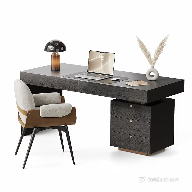 Modern Dark Wood Desk With Light Chair And Laptop Table Lamp Feather Vase 3d model 