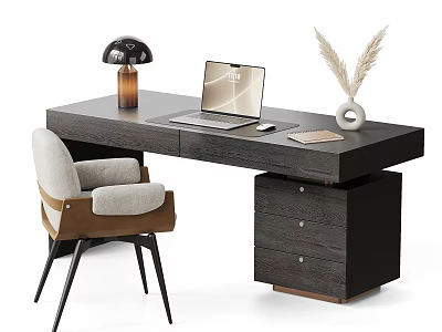 Modern Dark Wood Desk With Light Chair And Laptop Table Lamp Feather Vase 3d model