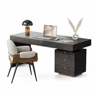 Modern Dark Wood Desk With Light Chair And Laptop Table Lamp Feather Vase 3d model