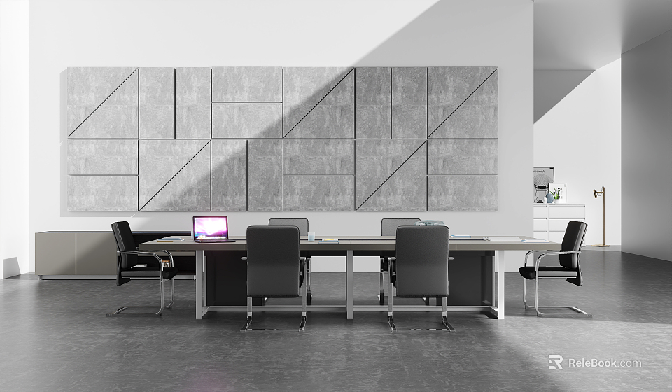 Modern Conference Table With Black Office Chairs Geometric Gray Wall And Laptop On Top 3d model 