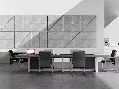 Modern Conference Table With Black Office Chairs Geometric Gray Wall And Laptop On Top 3d model