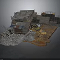Damaged Industrial Scene Structure With Rusted Metal Platforms Debris And Rock Base