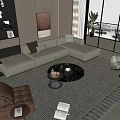 Modern L Shaped Beige Sofa and Round Coffee Table Set With Armchairs Area Rug and Decorative Plants
