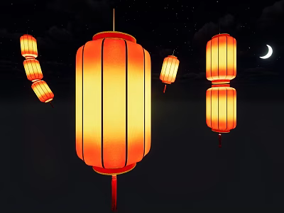 Traditional Red Lanterns Glowing Brightly In Night Sky With Moon And Stars 3d model