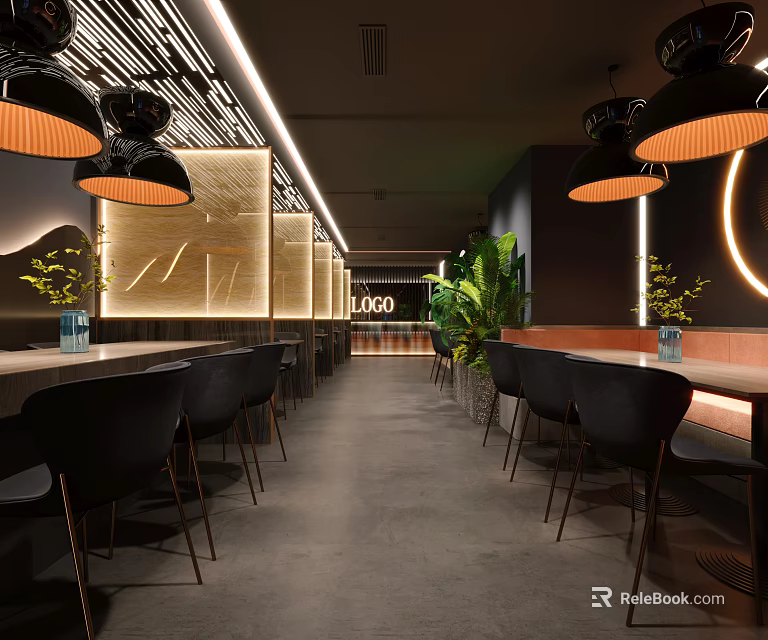 Modern Restaurant Interior Design With Hanging Lamps Black Chairs Green Plants And Wooden Walls 3d model 