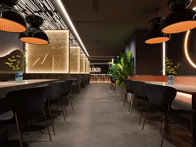 Modern Restaurant Interior Design With Hanging Lamps Black Chairs Green Plants And Wooden Walls 3d model