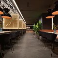 Modern Restaurant Interior Design With Hanging Lamps Black Chairs Green Plants And Wooden Walls