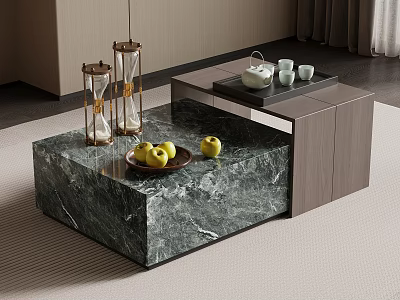 Modern Marble Top Coffee Table With Green Apples Hourglass Decor And Storage Compartment 3d model