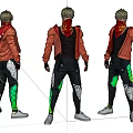 Game Movie Character With Orange Jacket Black Pants And Red Scarf Multiple Angles View