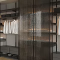 Modern Wardrobe Interior With Black Glass Partitions Hanging White Shirts And Storage Shelves