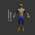 Blue And Yellow Costumed Character With Helmet Holding Two Blue Swords