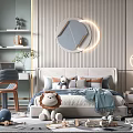 Kids Room Interior Design With Stuffed Lion Toy Desk Chair Striped Wall And Decorative Mirror