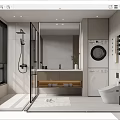 Modern Bathroom Interior Design With Glass Shower Toilet Washing Machine And Vanity
