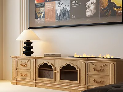Wooden TV Stand With Arched Doors Drawers And Table Lamp Decorative Design 3d model