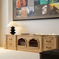 Wooden TV Stand With Arched Doors Drawers And Table Lamp Decorative Design