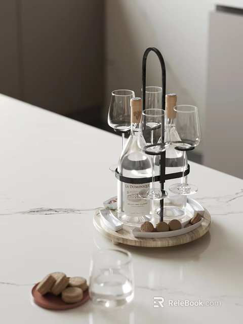 Elegant Wine Rack With Glasses Bottles On Marble Countertop Tray Setup 3d model 