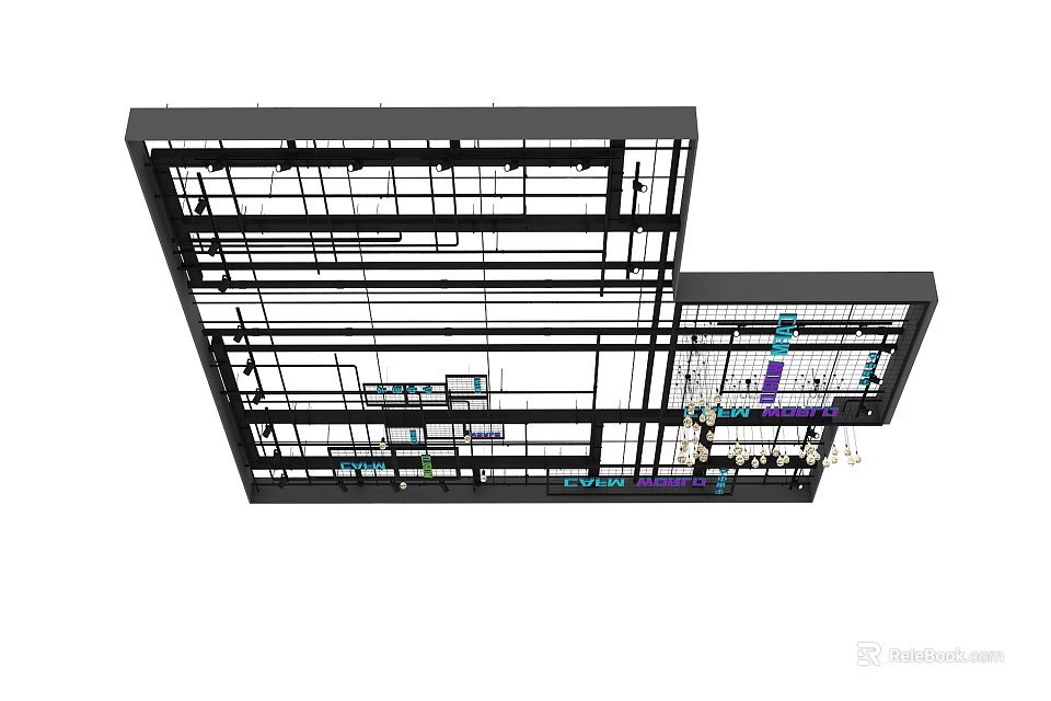 Modern Ceiling Design with Metal Grid Frame and Hanging Chandeliers 3d model 