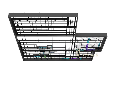 Modern Ceiling Design with Metal Grid Frame and Hanging Chandeliers 3d model