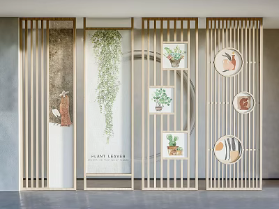 Wooden Lattice Room Divider With Hanging Plants And Decorative Circular Paintings 3d model