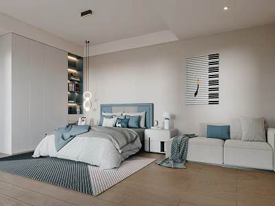 Modern Kids Room Interior With Blue Accents Bed Sofa Soft Rug And Pendant Light 3d model
