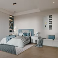 Modern Kids Room Interior With Blue Accents Bed Sofa Soft Rug And Pendant Light
