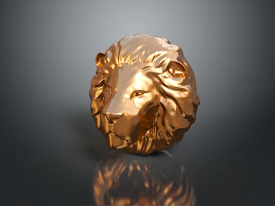 Detailed Golden Lion Head Sculpture With Glossy Metallic Surface On Dark Background And Reflection 3d model