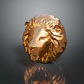 Detailed Golden Lion Head Sculpture With Glossy Metallic Surface On Dark Background And Reflection