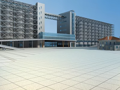 Large Modern Building Exterior With Metal Structure And Spacious Light Colored Square 3d model