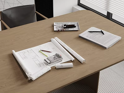 Desk With Rolled Blueprints Ruler Pencil Open Notebook And Mobile Phone 3d model
