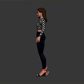 3D Female Character Model Standing Pose With Checkered Crop Top Dark Pants And Sandals