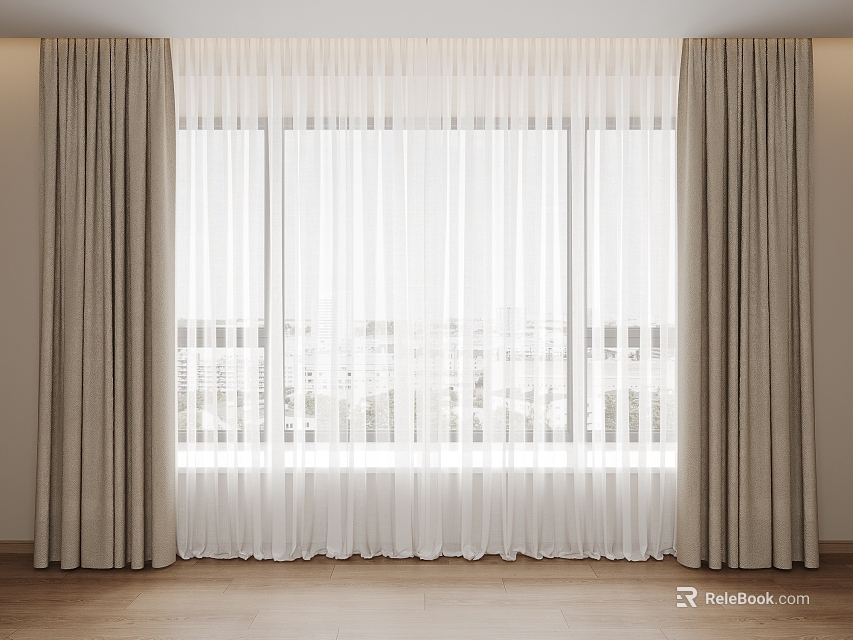 Layered Curtains With Sheer Panels Neutral Tone In Modern Interior Window Wooden Floor City View 3d model 