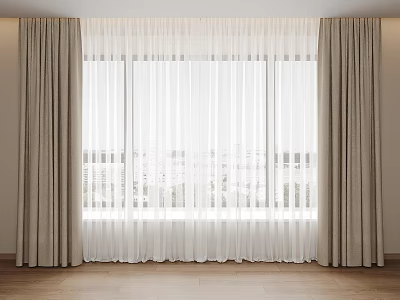Layered Curtains With Sheer Panels Neutral Tone In Modern Interior Window Wooden Floor City View 3d model