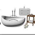 White Freestanding Bathtub in Modern Bathroom Interior with White Vanity Wooden Side Table and Candles